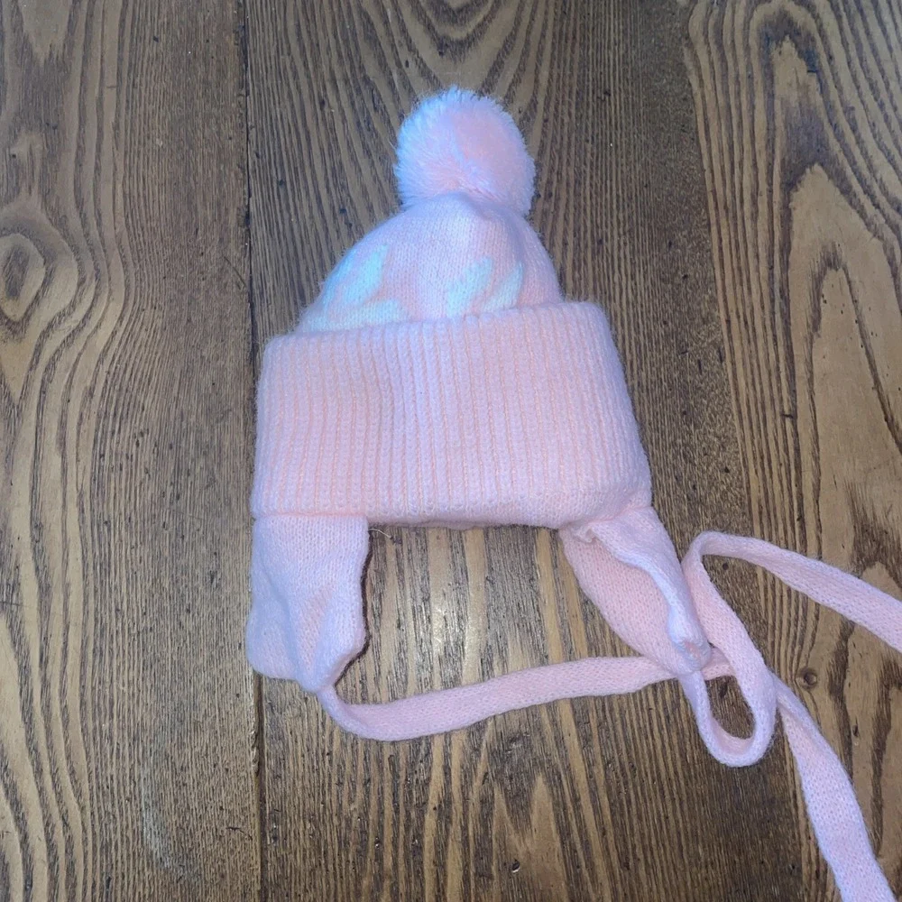 vintage winter hat with tie and earflaps pink with rabbits‎ & tulips 0-3 month